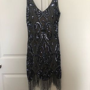 Gray and Blue Sequin Dress with beaded fringe